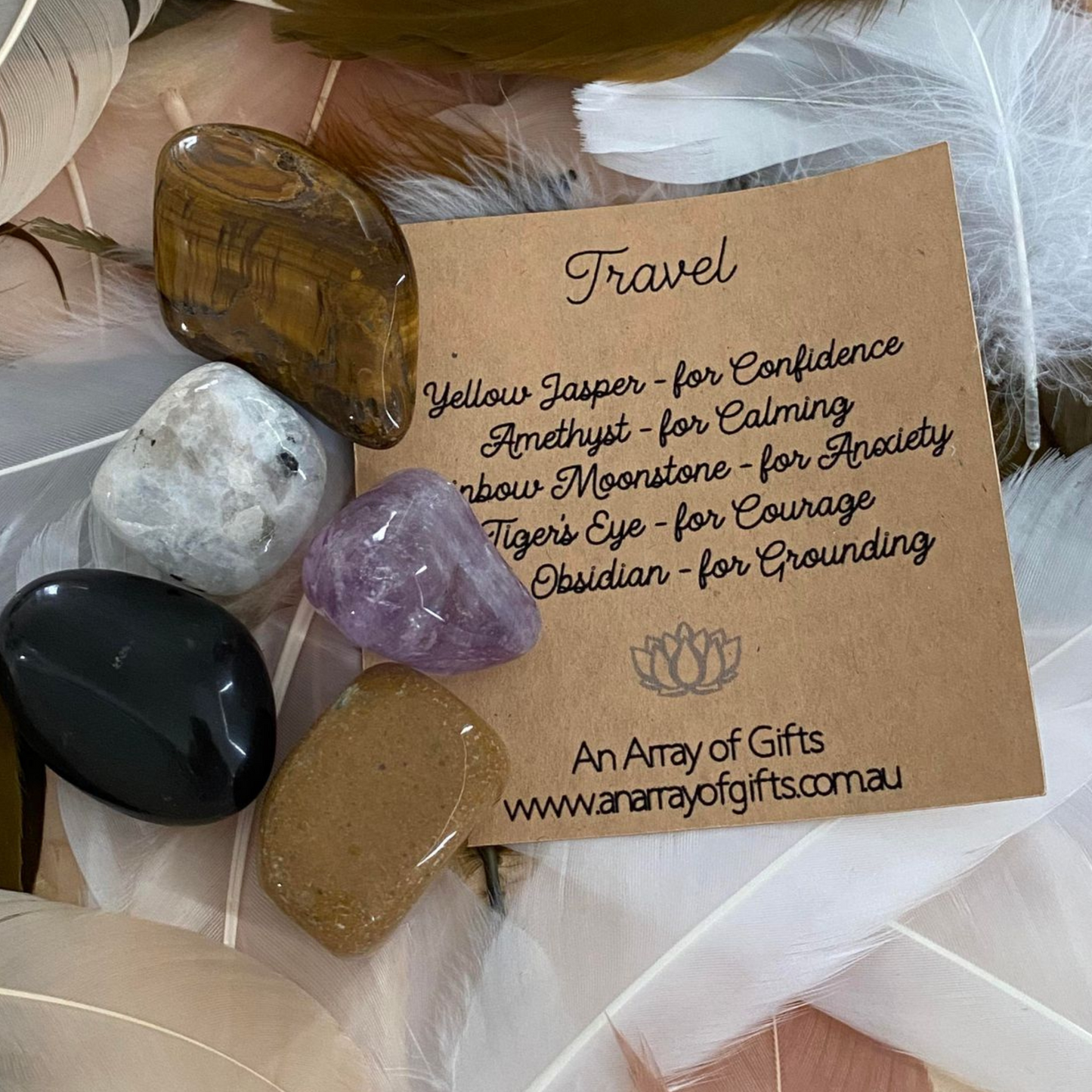 Tumble Stones for Travel - Yellow Jasper, Amethyst, Rainbow Moonstone, Tiger's Eye and Black Obsidian