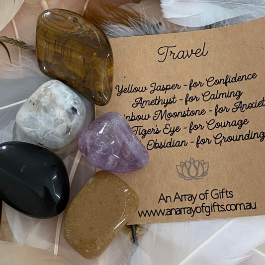 Tumble Stones for Travel - Yellow Jasper, Amethyst, Rainbow Moonstone, Tiger's Eye and Black Obsidian