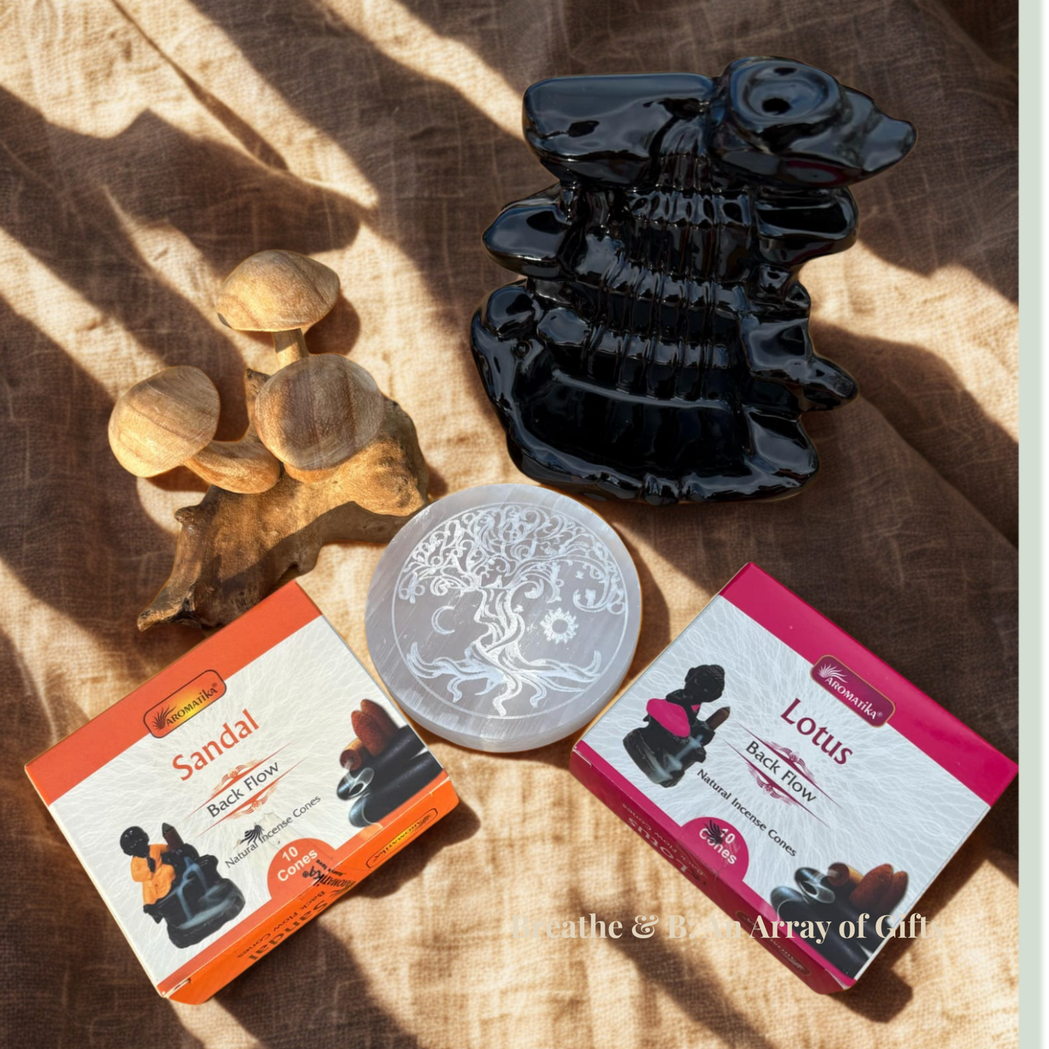 Limited Edition – Only a Few Left!   Black Waterfall Backflow Burner, Tree of Life Selenite Plate, Wooden Mushroom, Incense Cones - Sandal and Lotus