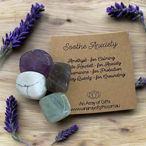Anxiety relief crystal kit with tumbled amethyst, howlite, aquamarine and smoky quartz stones