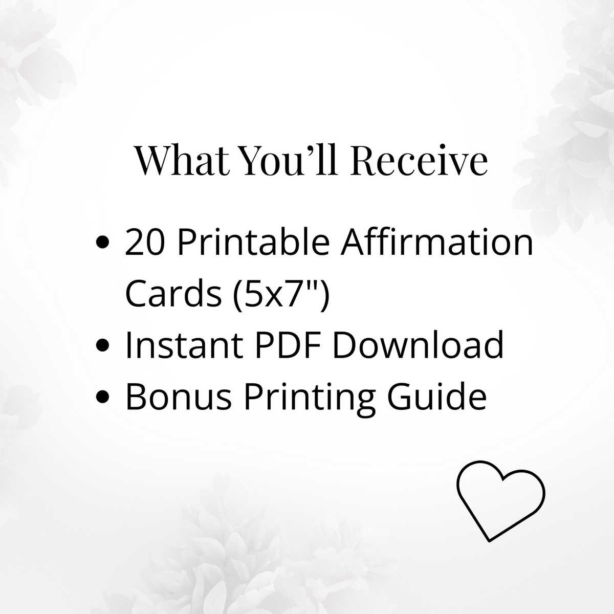 Infographic showing 20 printable affirmation cards PDF, instant download self care cards with bonus printing guide for mindfulness and anxiety support