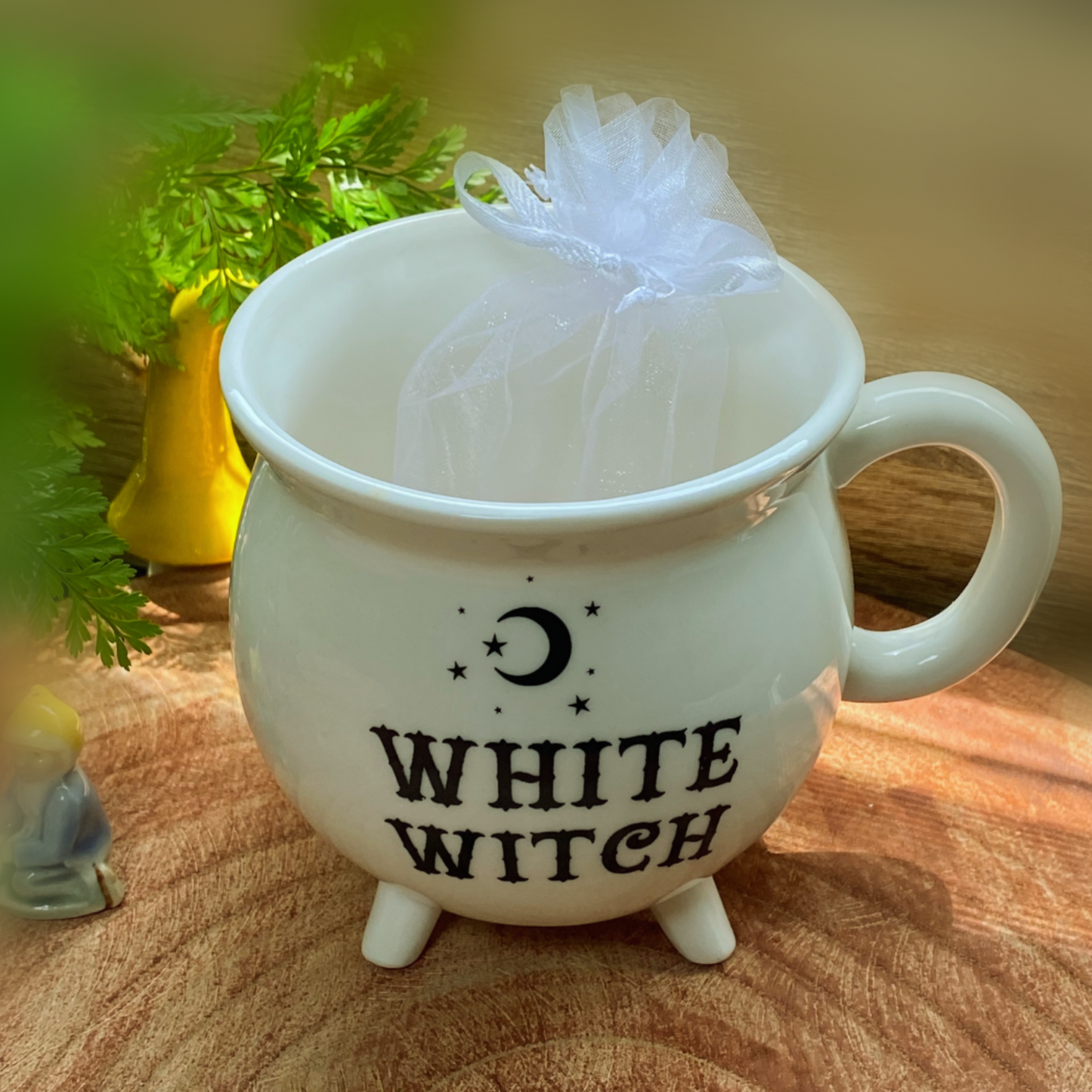 White Witch Mug with Rose Quartz Bracelet, Cluster and Tumble Stone