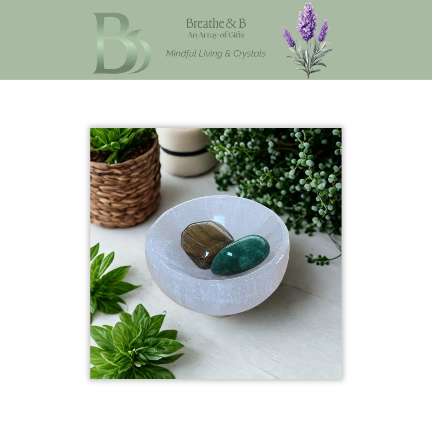White bowl with tumble stones on a white surface with greenery.