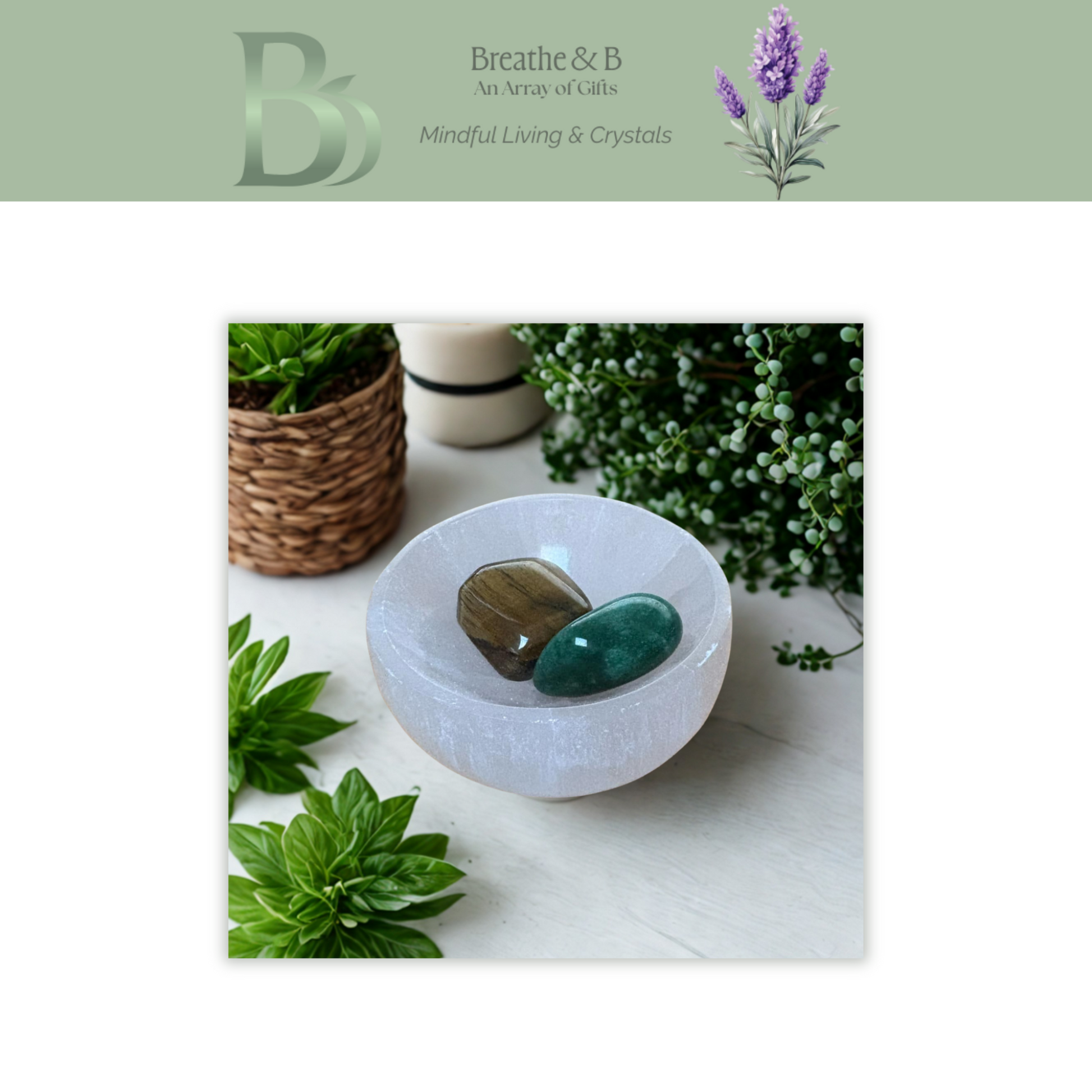 White bowl with tumble stones on a white surface with greenery.