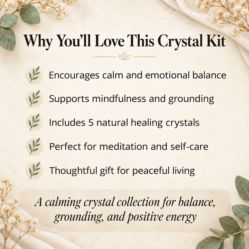 Information graphic explaining the crystal kit’s suitability for mindfulness, grounding, meditation, self-care and thoughtful gifting.