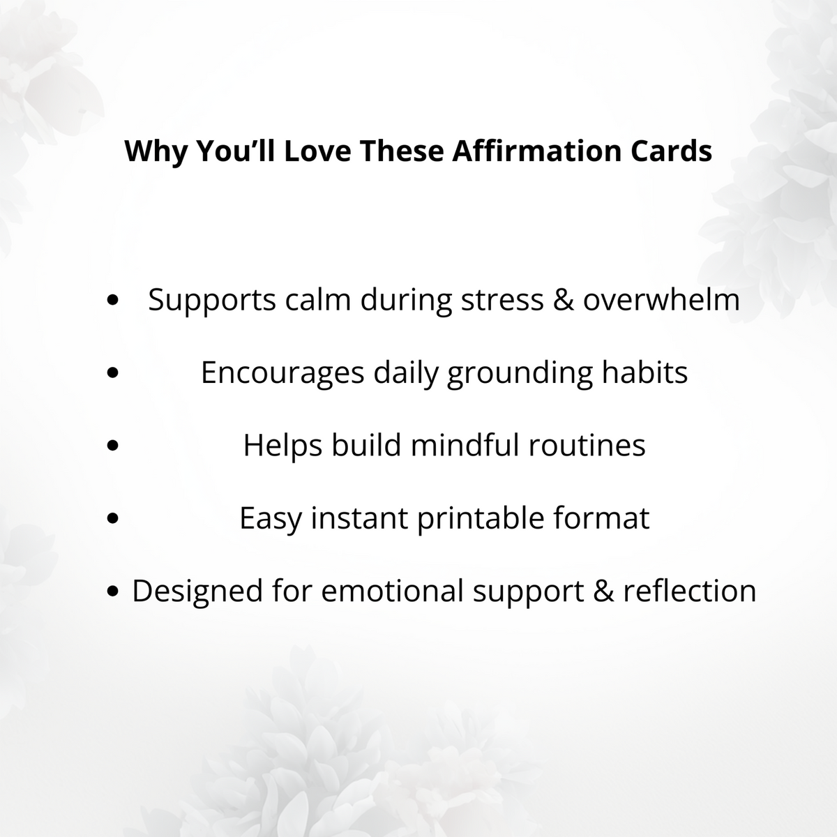 Affirmation cards benefits graphic highlighting anxiety relief, grounding, emotional balance and daily mindfulness support.