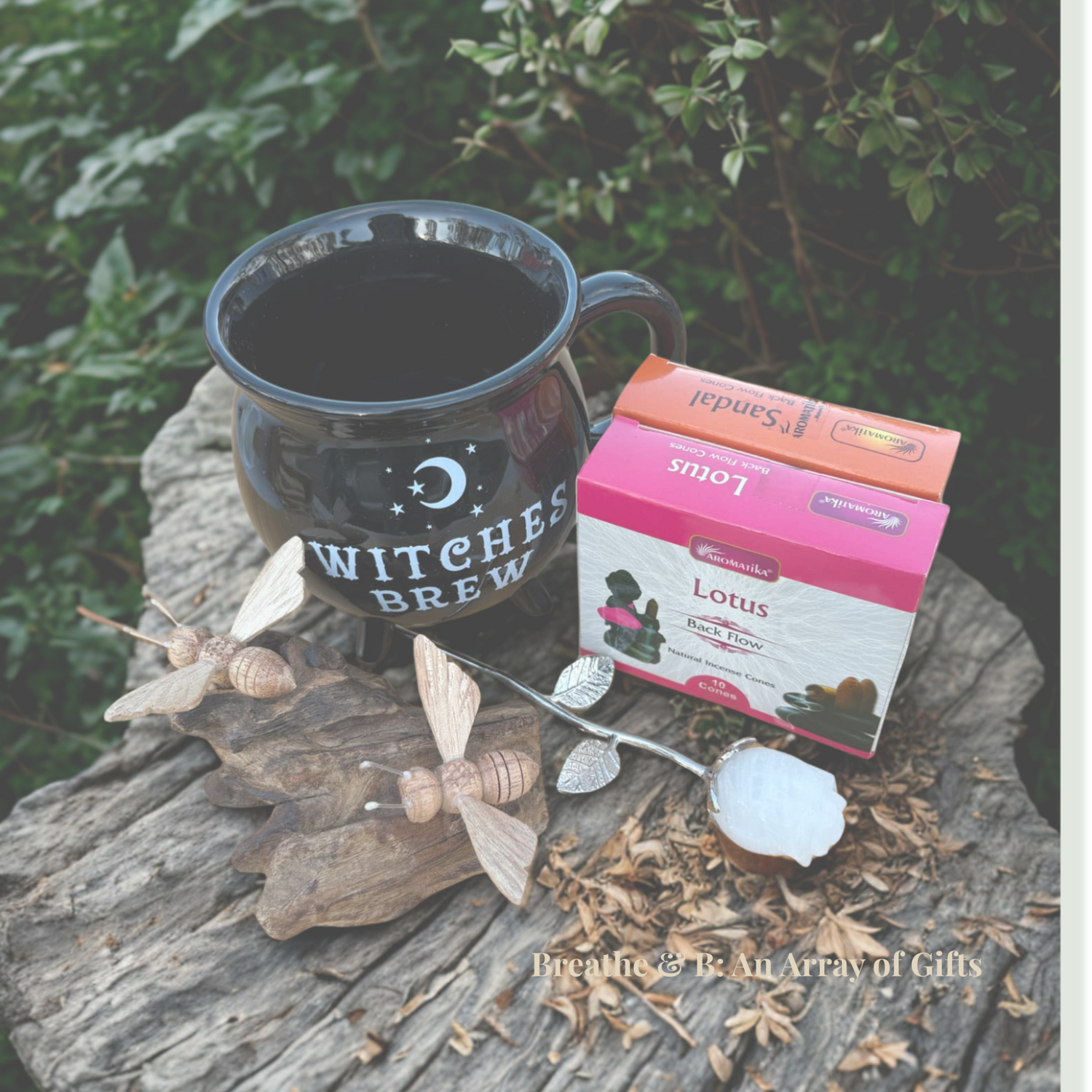 Limited Edition – Only a Few Left! Witches Brew Mug, Lotus and Sandal Incence Cones, Driftwood with two bees, crystal rose with gold stem