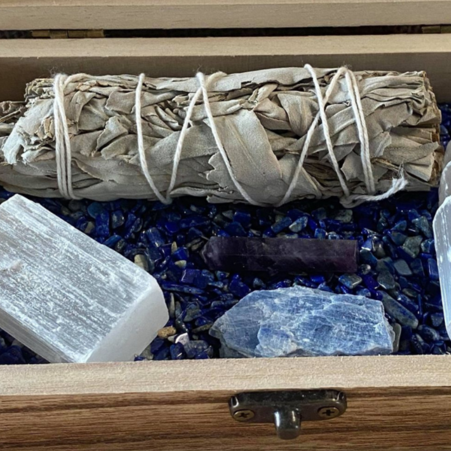 Wooden Treasure Chest with Crystals and Sage for Protection