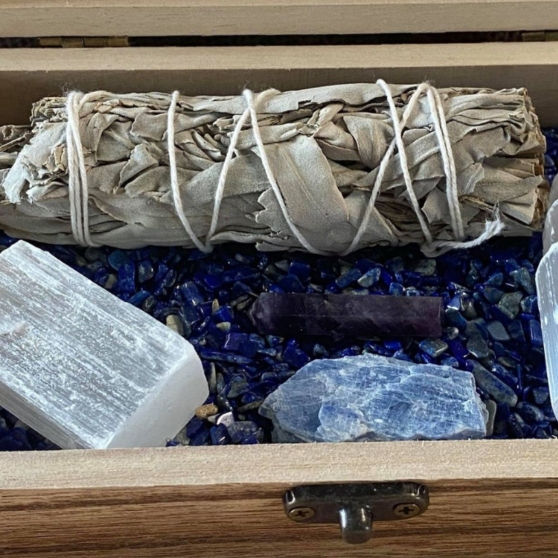 Wooden Treasure Chest with Crystals and Sage for Protection