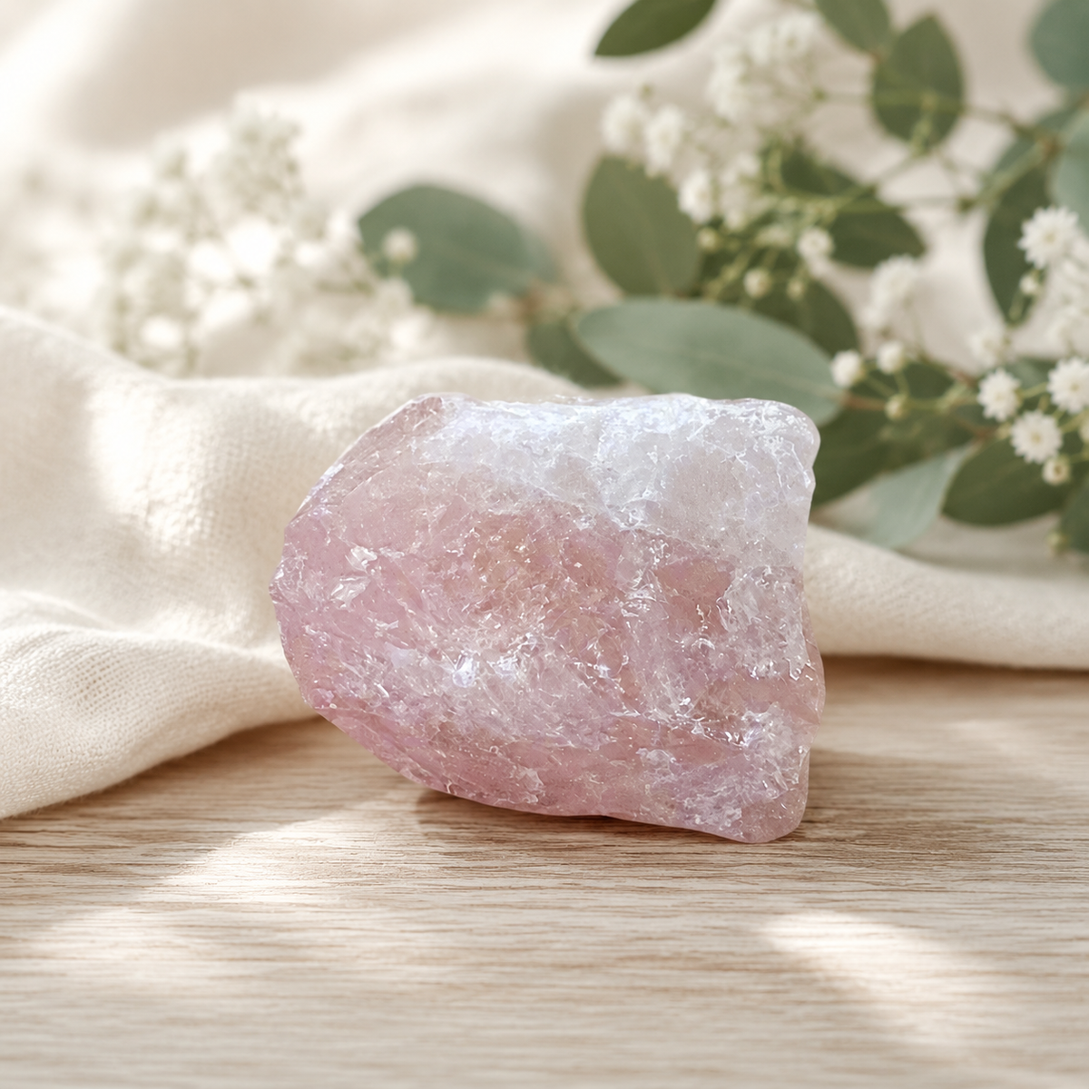 A rose quartz raw cluster, resting on a light wooden surface next to draped cream fabric and soft green eucalyptus leaves with small white flowers.