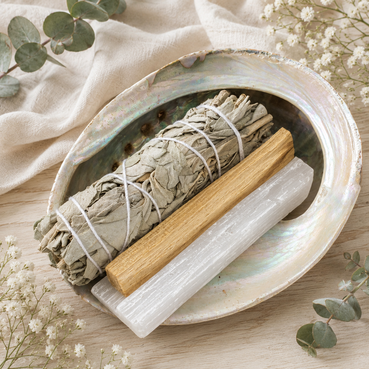 A sage smudge bundle wrapped in white string rests inside an iridescent abalone shell dish, alongside a wooden smudge stick and a selenite rod, styled with eucalyptus leaves and small white flowers on a light wood surface.