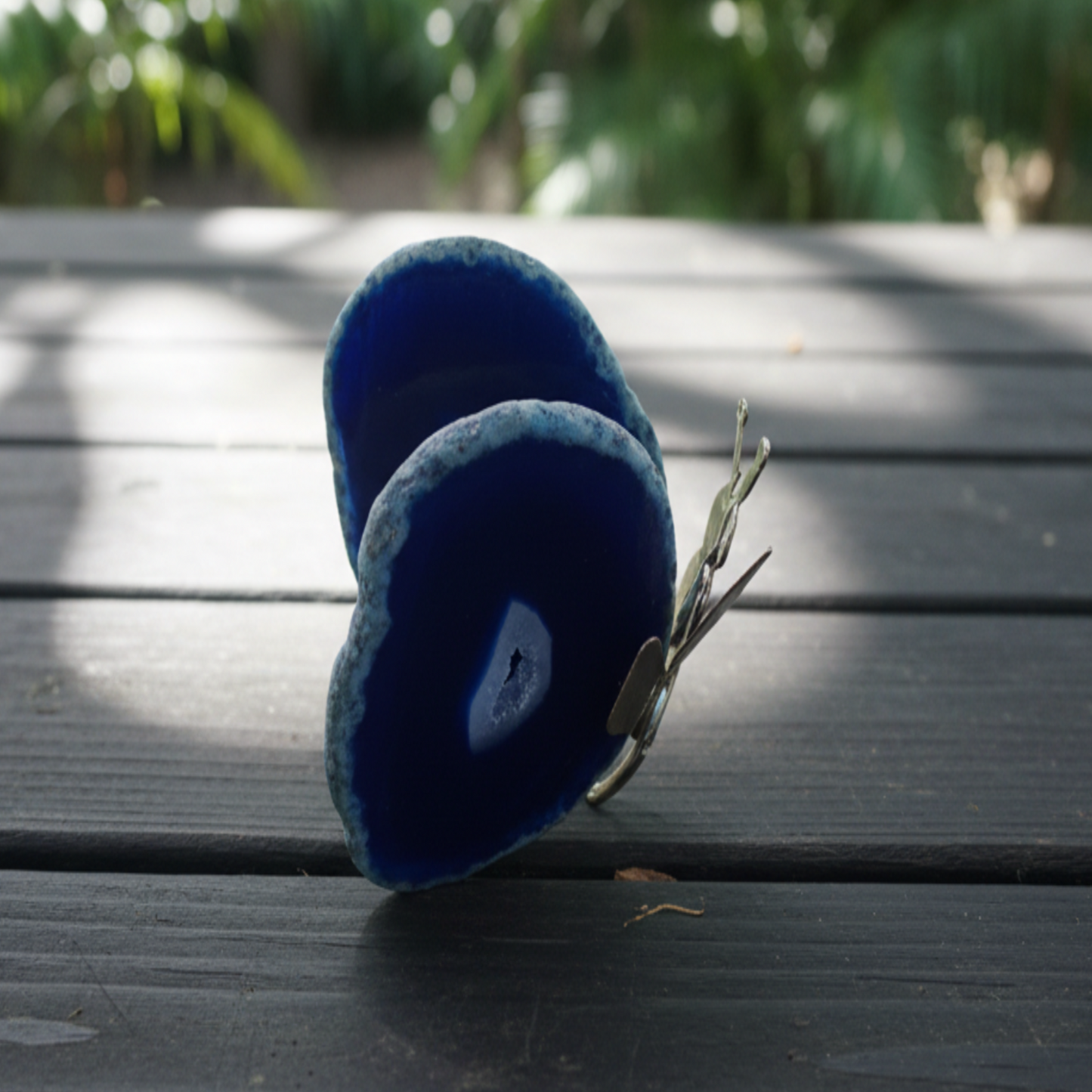 Blue Butterfly agate on a wooden surface with a blurred green background