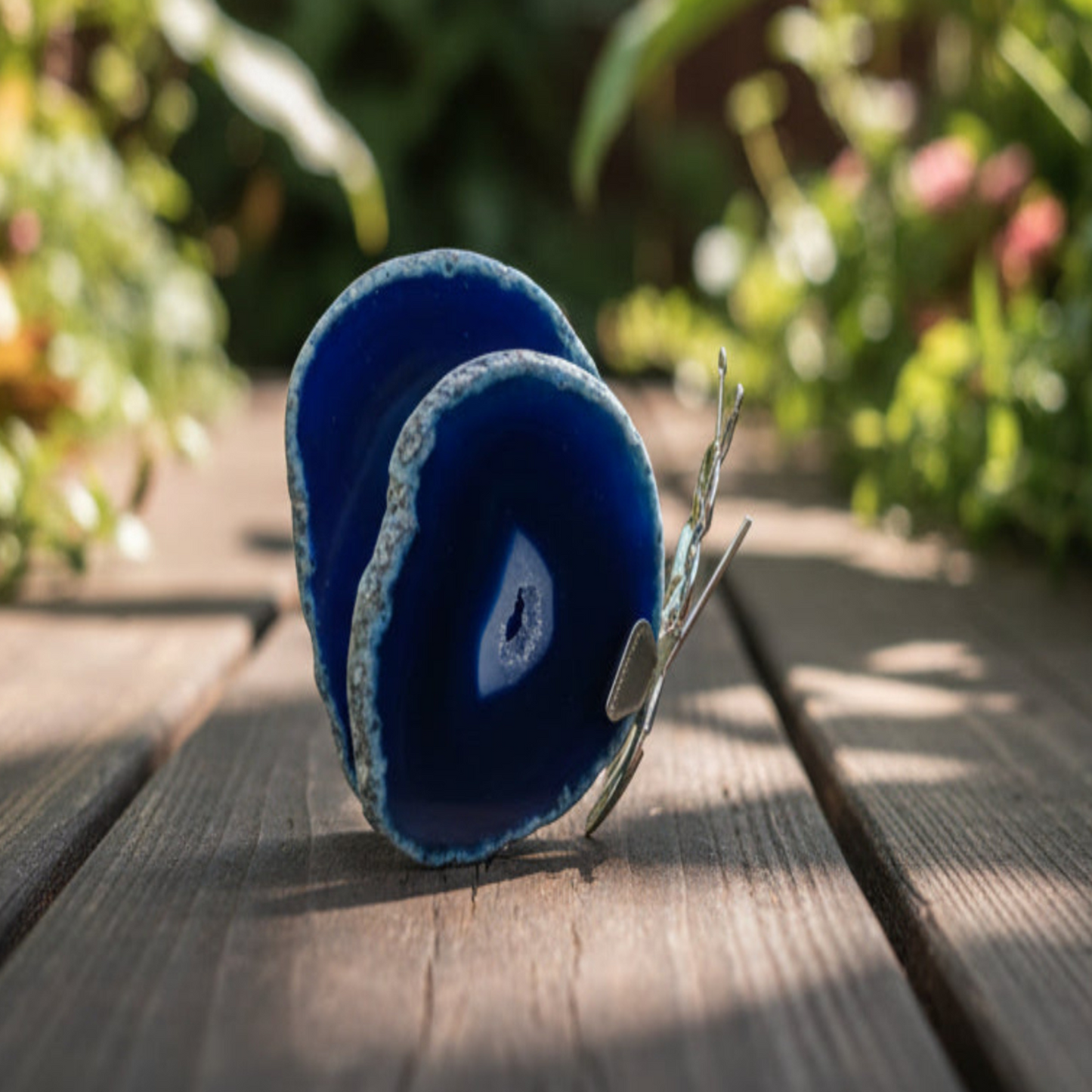 Blue agate butterfly on a wooden surface with blurred greenery in the background