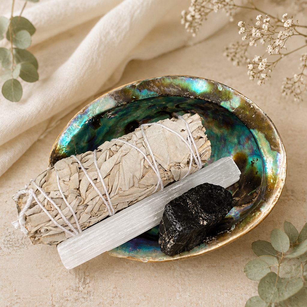 A white sage smudge bundle wrapped in white string rests on an iridescent abalone shell dish, alongside a white selenite wand and a black tourmaline cluster. The scene is styled with a cream fabric, dried flowers, and eucalyptus leaves on a neutral beige surface.