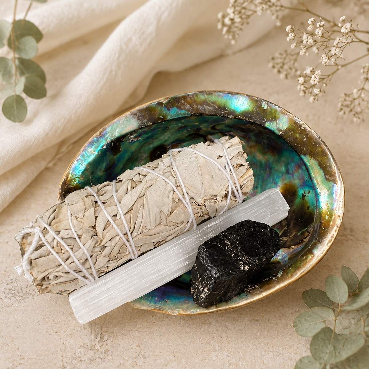 A white sage smudge bundle wrapped in white string rests on an iridescent abalone shell dish, alongside a white selenite wand and a black tourmaline cluster. The scene is styled with a cream fabric, dried flowers, and eucalyptus leaves on a neutral beige surface.
