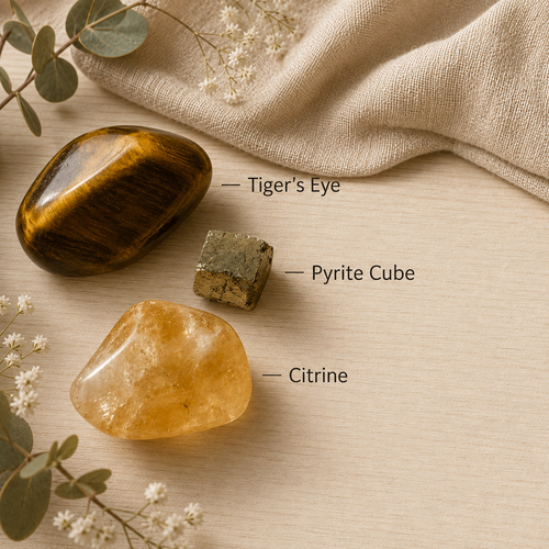Three polished stones arranged on a light wood surface with a beige cloth and small white flowers: a brown tiger's eye stone, a metallic gray pyrite cube labeled 'Pyrite Cube,' and a translucent yellow citrine stone labeled 'Citrine.' Text labels identify each stone.