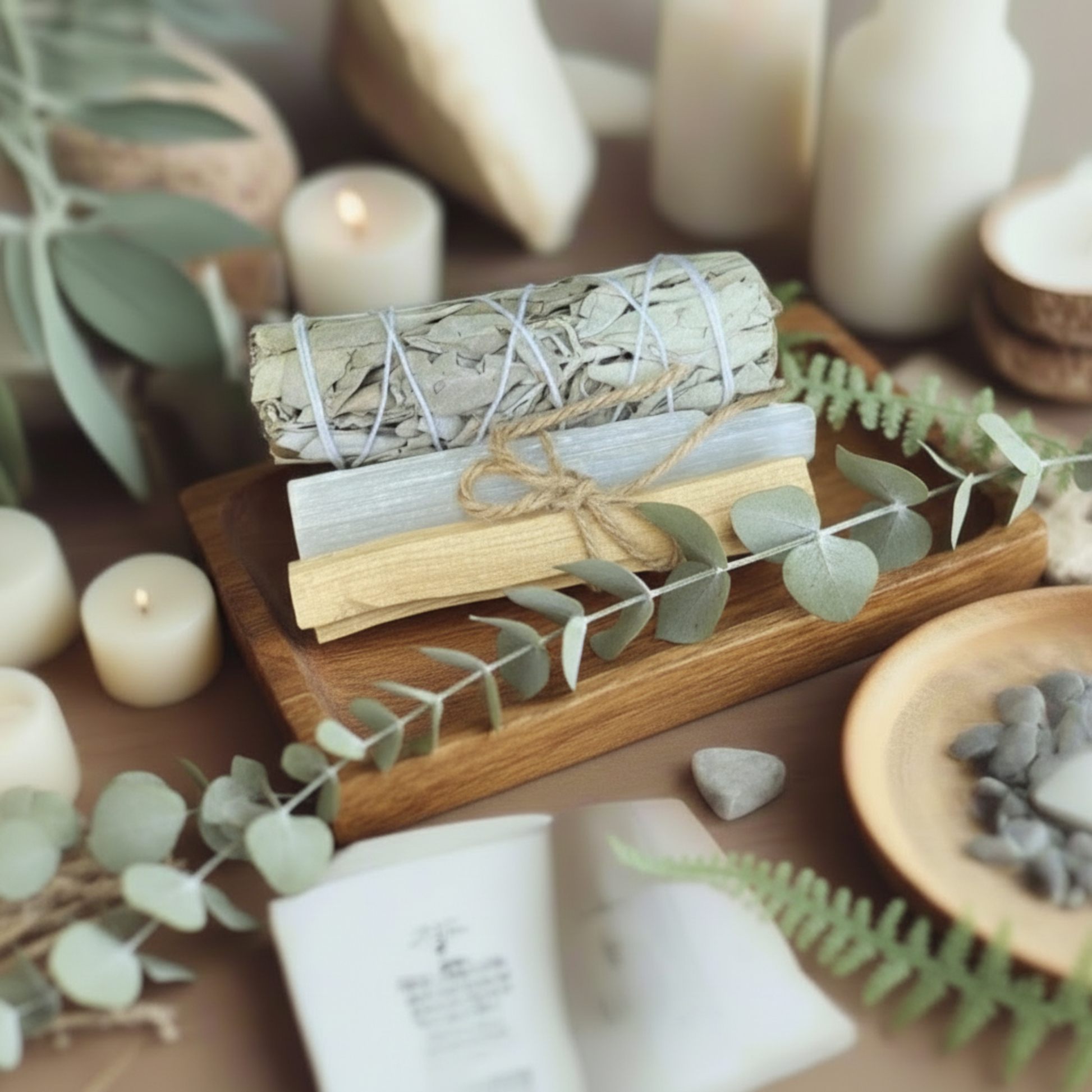sage, selenite, palo santo on a wooden tray with greenery and candles