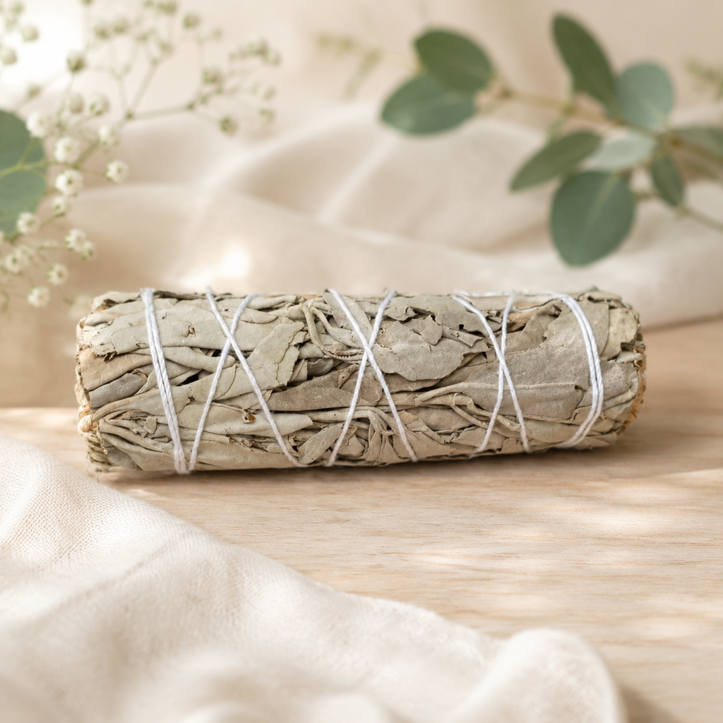 A dried sage smudge bundle wrapped in white string, resting on a light wooden surface with soft beige fabric and blurred green leaves in the background.