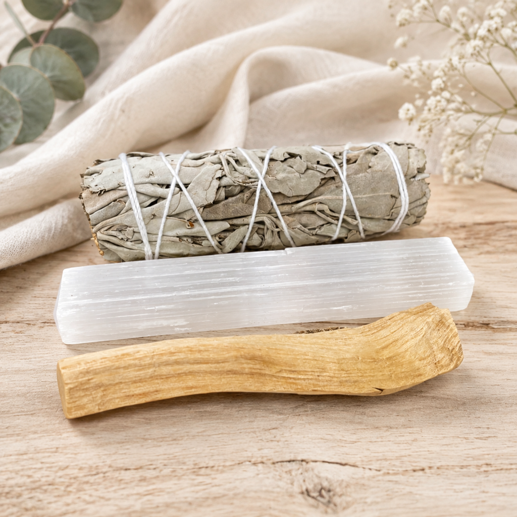 Three natural wellness items arranged on a light wood surface: a sage smudge bundle wrapped in white string, a selenite rod, and a palo santo stick, with soft beige fabric and dried flowers in the background.