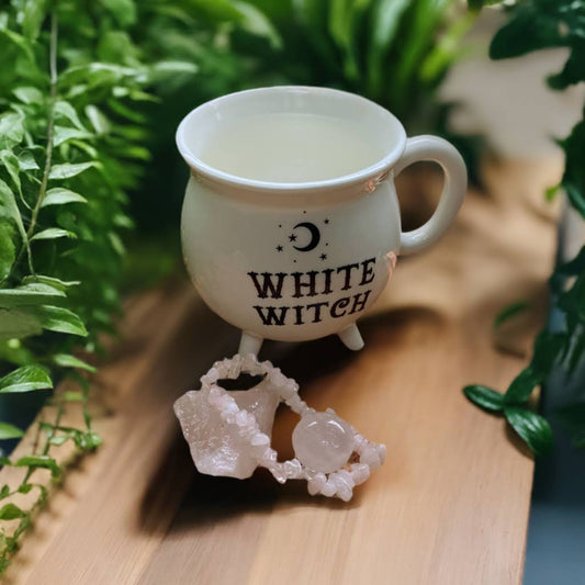 white witch mug, rose quartz cluster, chip braclet and tumble stone