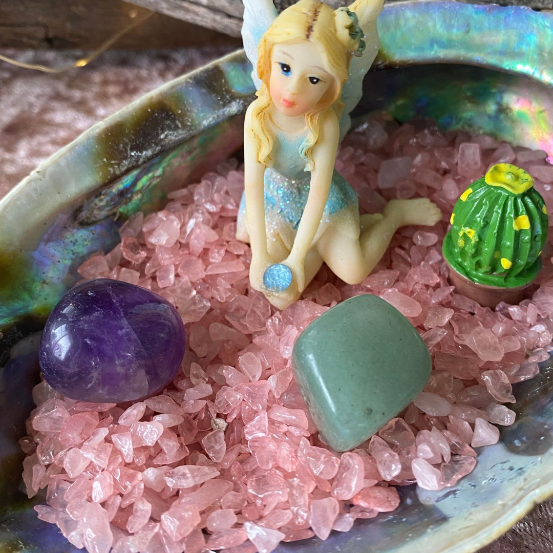 Abalone Fairy Garden with Crystals, craft catcus and sitting fairy
