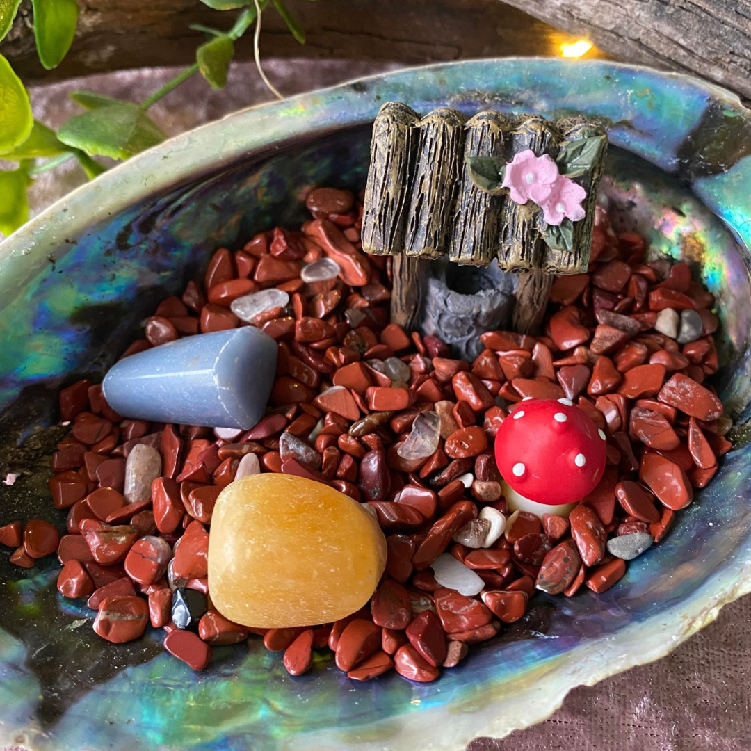 Abalone Fairy Garden with Crystals and Wishing Well 