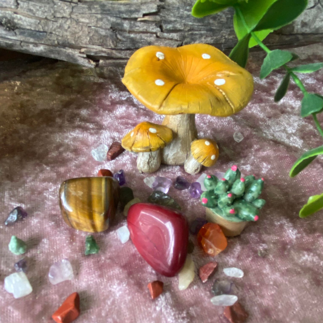 Abalone Fairy Garden with Crystals, Tumble Stone and Yellow Mushroom