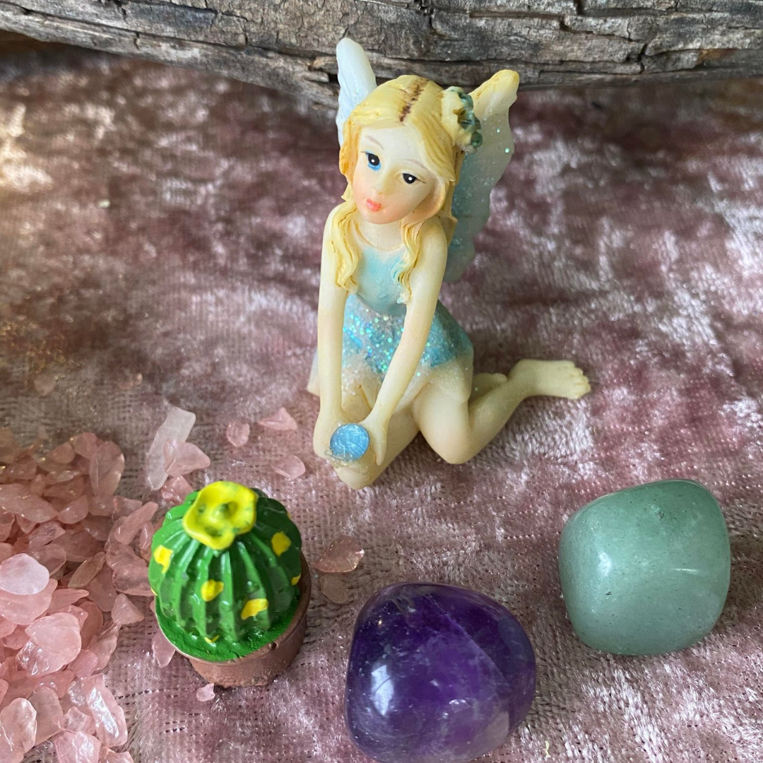 Abalone Fairy Garden with Crystals, craft catcus and sitting fairy