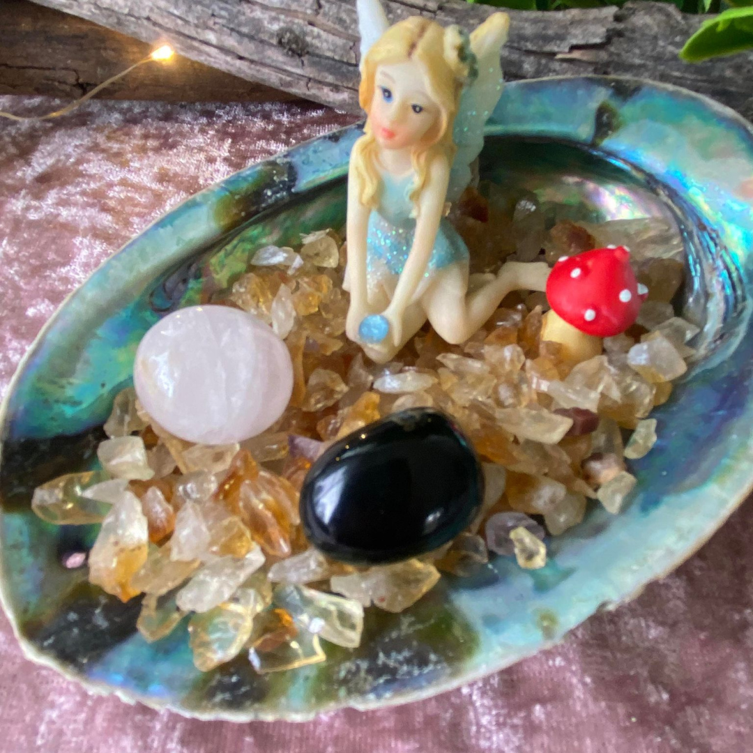 Abalone Fairy Garden with Crystals, mushroom and sitting fairy