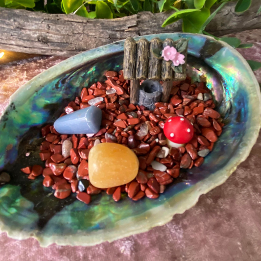 Abalone Fairy Garden with Crystals and Wishing Well