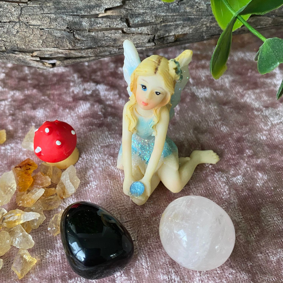Abalone Fairy Garden with Crystals, mushroom and sitting fairy