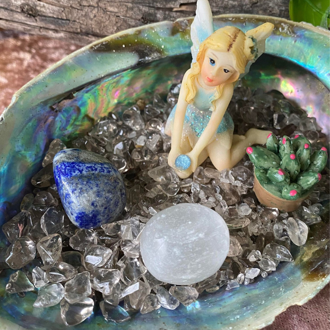 Abalone Fairy Garden with Crystals and sitting fairy