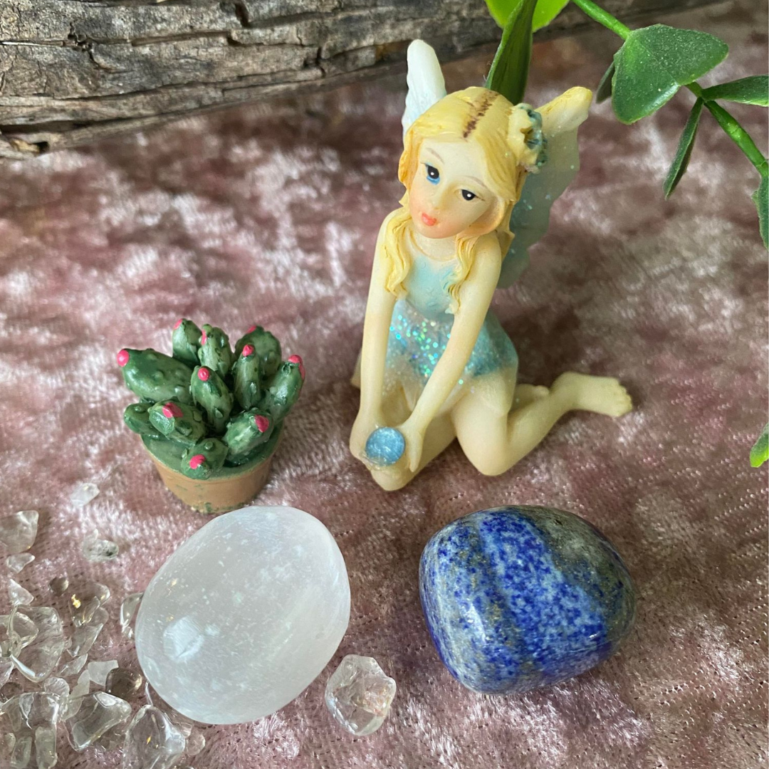 Abalone Fairy Garden with Crystals and sitting fairy