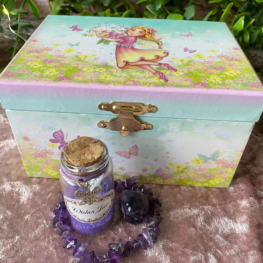 Musical Spring Fairy Musical Jewellery Box, Fairy Dust, Amethyst Chip Bracelet  & Amethyst Tumble Stone