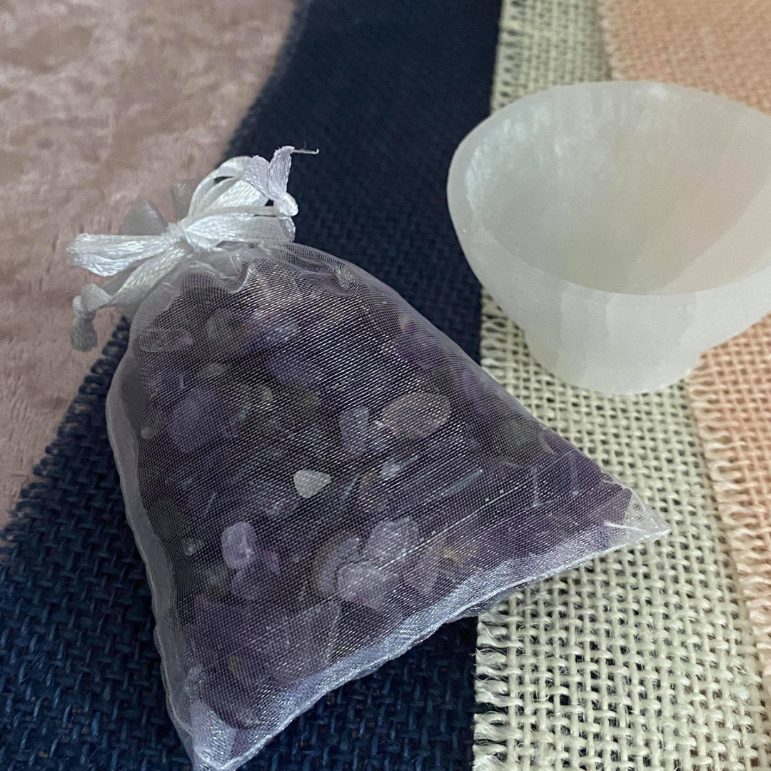 Amethyst Crystal Chips 100g in Organza Bag