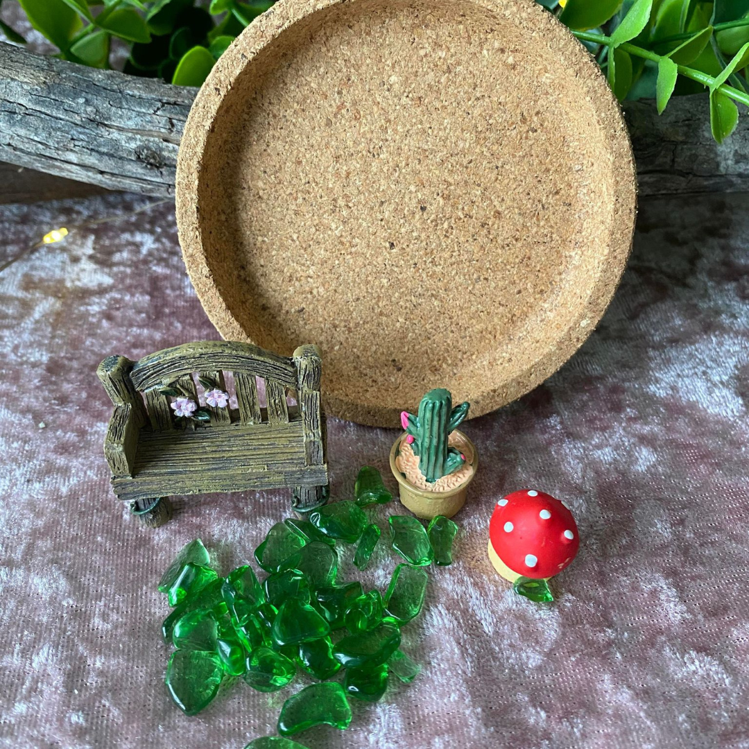 Cork Fairy Enchanted Garden with Green Obsidian Crystal Chips, Craft Catcus, bench and mini mushroom
