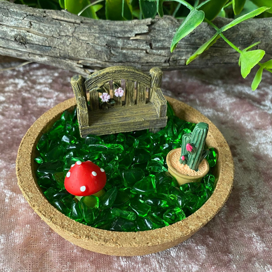 Cork Fairy Enchanted Garden with Green Obsidian Crystal Chips, Craft Catcus, bench and mini mushroom