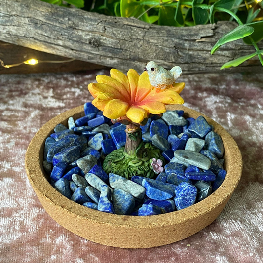 Cork Fairy Garden with Lapis Lazuli Crystal Chips and Miniature Bird Bath