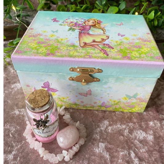 Spring Fairy Musical Jewellery Box, Pink Fairy Dust, Rose Quartz Crystal Chip Bracelet & Rose Quartz Tumble stone