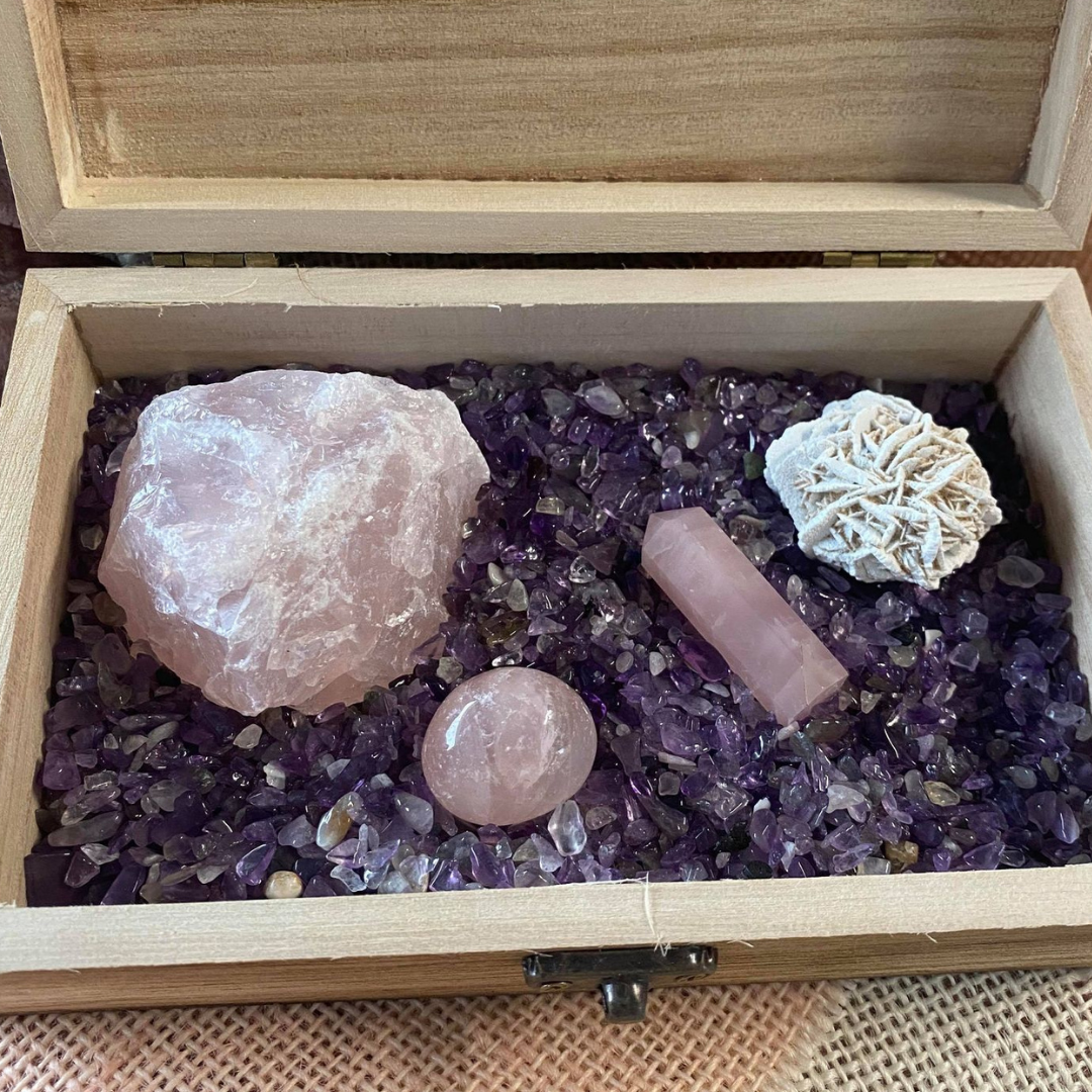 treasure chest with amethyst, rose quartz and desert rose selenite